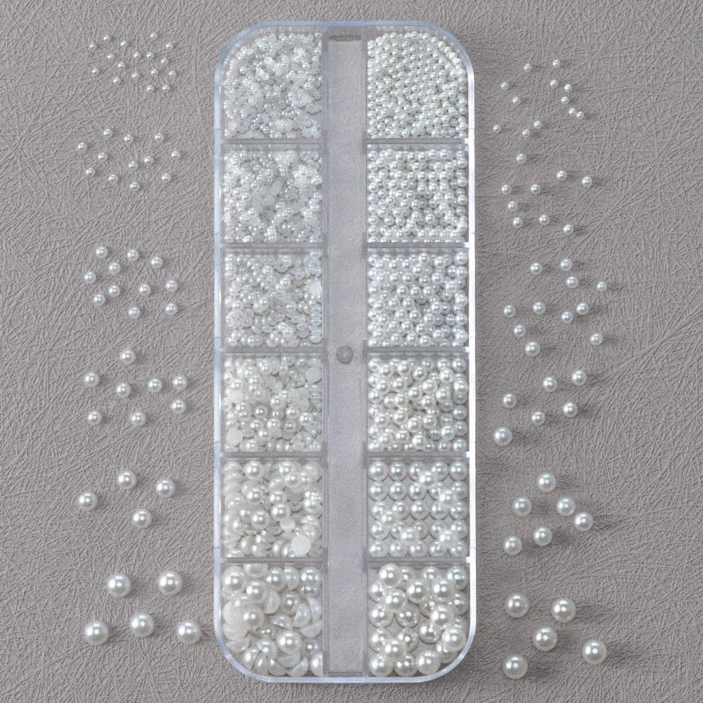 نگین ناخن مرواریدی سه بعدی گرد و نیم گرد در سایزهای مختلف، جواهرات ناخن مرواریدی تخت سفید برای طراحی ناخن زنانه و دخترانه، لوازم طراحی ناخن، تزئینات صنایع دستی