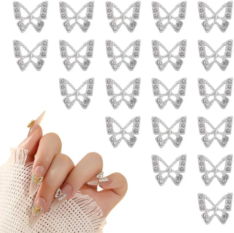 20 عدد آویز ناخن طرح پروانه سه بعدی، تزئینات فلزی نقره ای آلیاژی برای طراحی ناخن DIY، ساخت جواهرات و پروژه های صنایع دستی