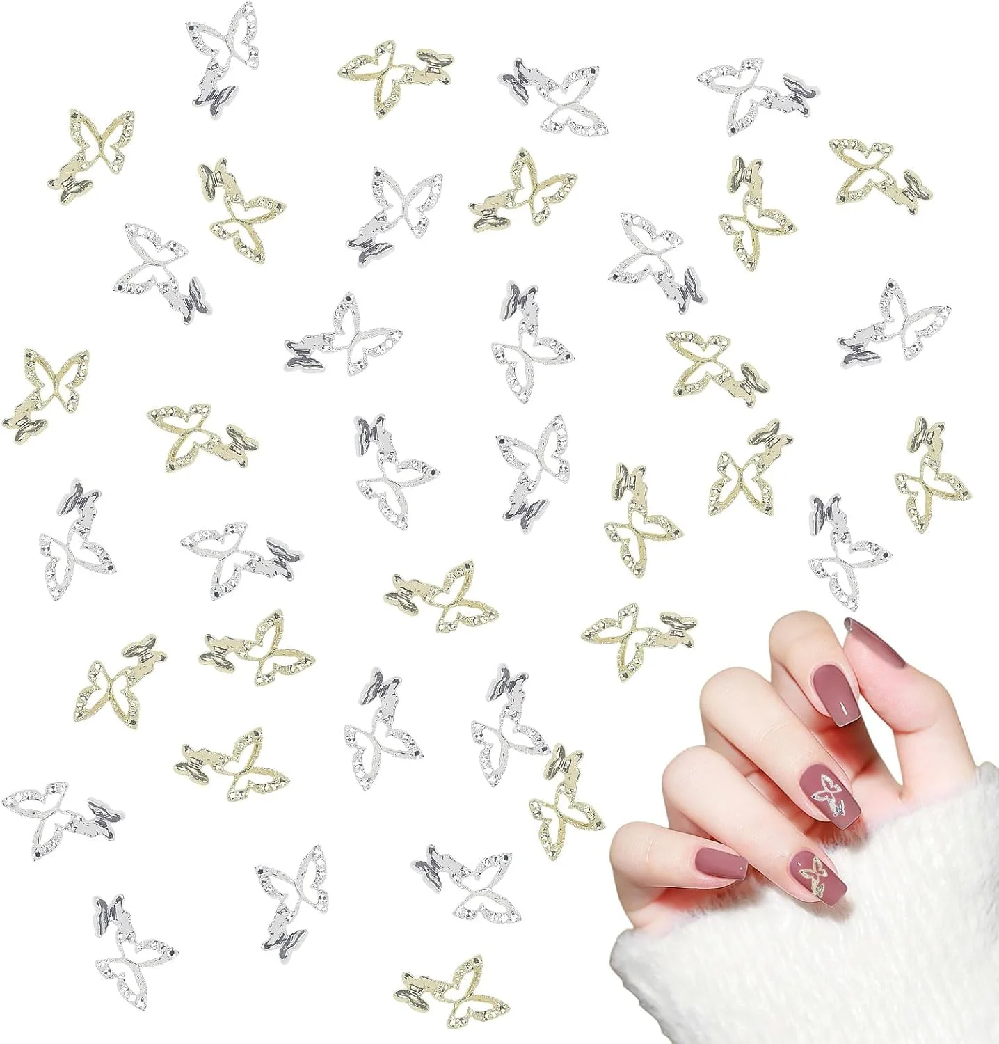 نگین پروانه ای سه بعدی ناخن، 40 عدد نگین پروانه ای براق آلیاژی طلایی نقره ای فلزی، تزئینات هنری ناخن برای دختران و زنان، ساخت جواهرات و طراحی ناخن