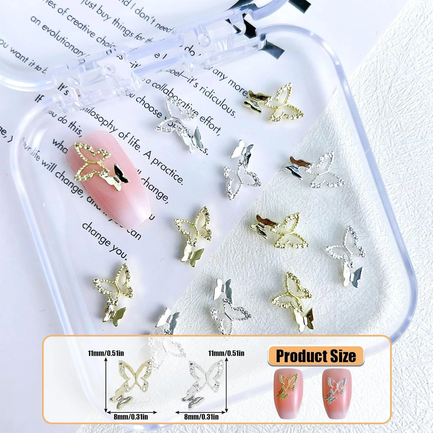نگین پروانه ای سه بعدی ناخن، 40 عدد نگین پروانه ای براق آلیاژی طلایی نقره ای فلزی، تزئینات هنری ناخن برای دختران و زنان، ساخت جواهرات و طراحی ناخن