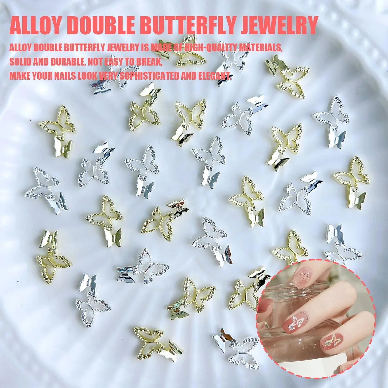 نگین پروانه ای سه بعدی ناخن، 40 عدد نگین پروانه ای براق آلیاژی طلایی نقره ای فلزی، تزئینات هنری ناخن برای دختران و زنان، ساخت جواهرات و طراحی ناخن