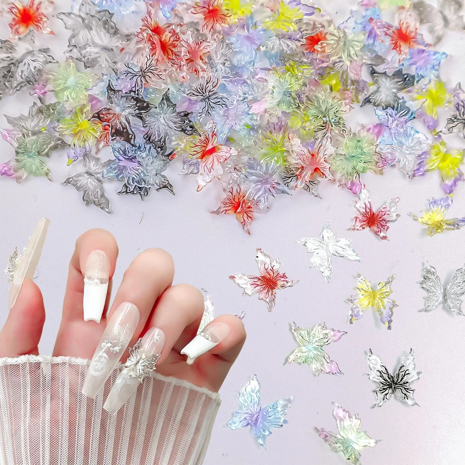 نگین های پروانه ای انعطاف پذیر CHANGAR، جواهرات طراحی ناخن گرادیانی پنج بعدی، نگین های پروانه ای نرم و شفاف یخی برای تزئین ناخن و طراحی کاردستی DIY (60 عدد)