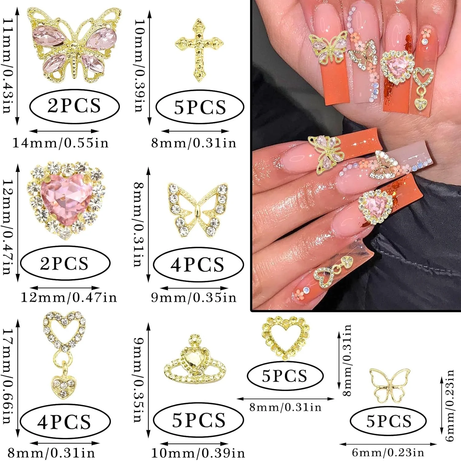 ۳۲ عدد زیورآلات ناخن طرح پروانه و صلیب طلایی، زیورآلات طراحی ناخن، بافت قلب صورتی، لوازم جانبی تزئین ناخن فلزی لوکس