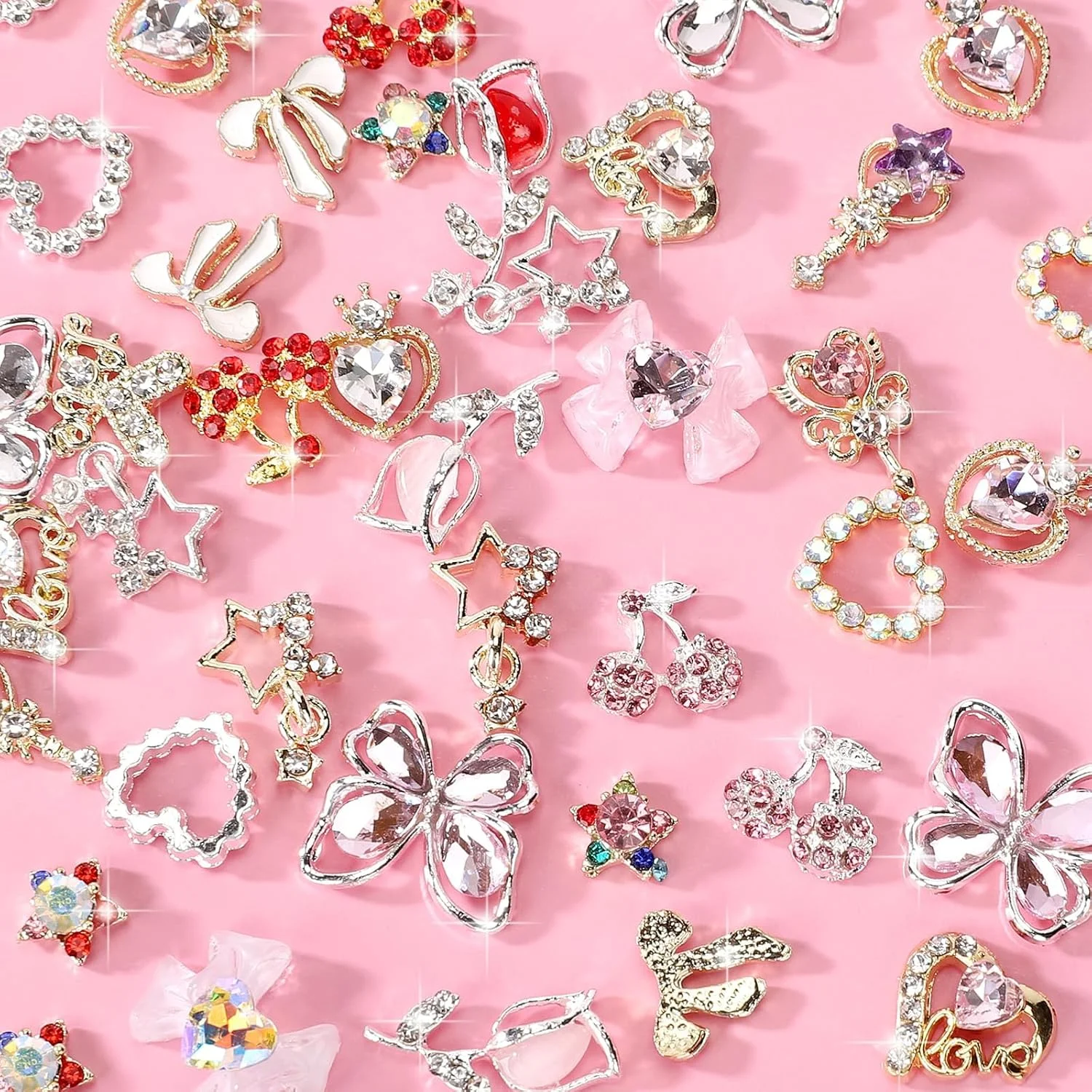 24 عدد آویز ناخن، تزئینات نگین دار آلیاژی Y2K، جواهرات براق سه بعدی طرح قلب، ستاره، پاپیون و گیلاس 24 عدد آویز ناخن، تزئینات نگین دار آلیاژی Y2K، جواهرات براق سه بعدی طرح قلب، ستاره، پاپیون و گیلاس