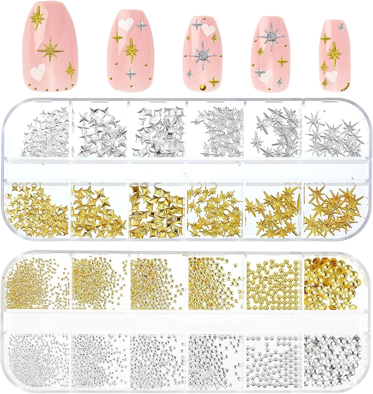 بسته 2200 عددی آویز ناخن ستاره طلایی نقره ای، مهره های طراحی ناخن، آویز ناخن طلایی، دکوراسیون سه بعدی ناخن ستاره فلزی ساخته شده از آلیاژ، لوازم جانبی برای جواهرات ناخن، آویزهای زیبای ناخن ستاره