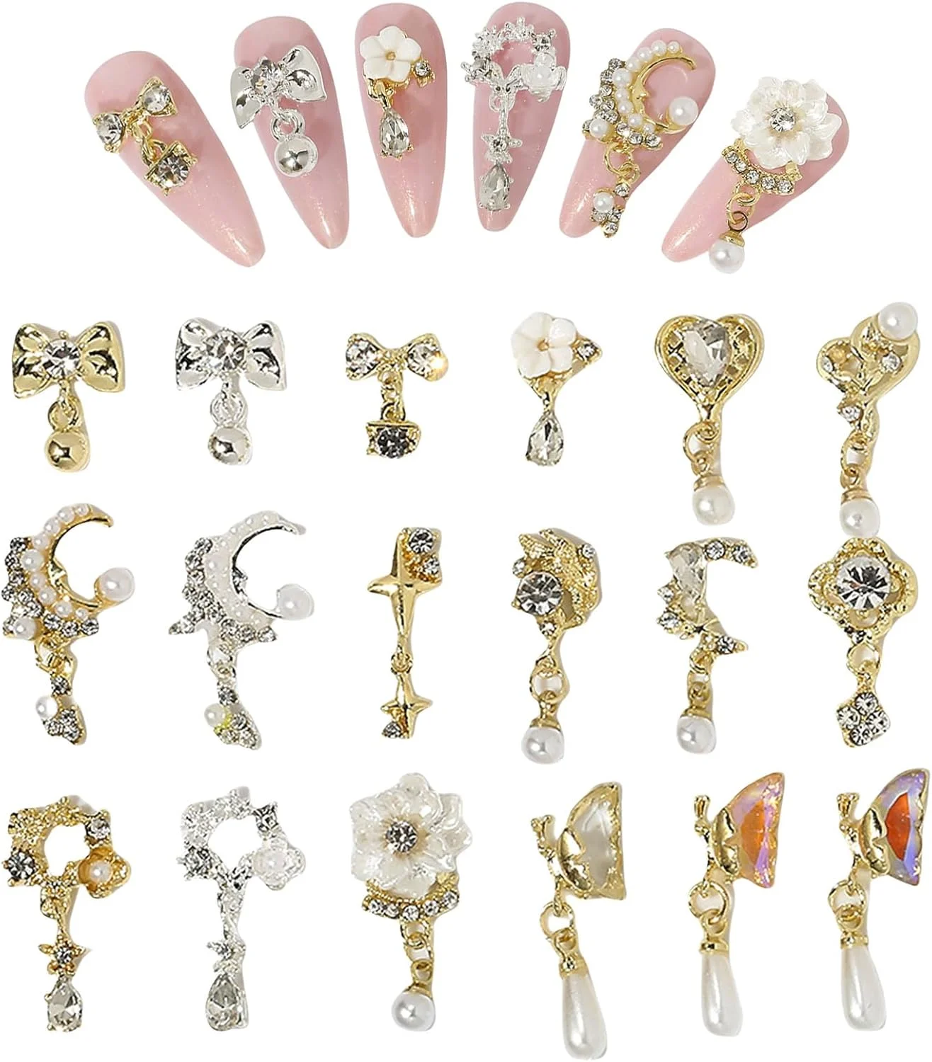 نگین ناخن آویز، 18 عدد نگین لوکس قلب، گل، ماه، پروانه، مروارید و پاپیون، نگین های فلزی آلیاژی طلایی و نقره ای سه بعدی برای طراحی و تزئین ناخن