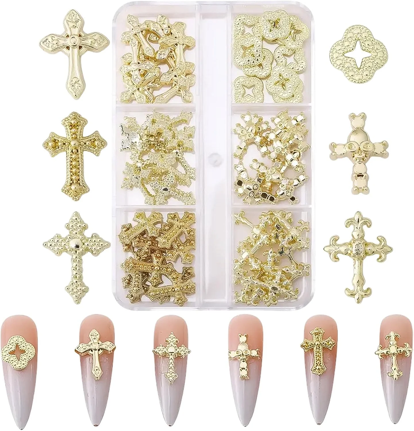 نگین های صلیبی ناخن، 60 عدد نگین سه بعدی طرح صلیب طلایی، سنگ های تزئینی و جواهرات فلزی پانک برای طراحی ناخن خانم ها و دختران