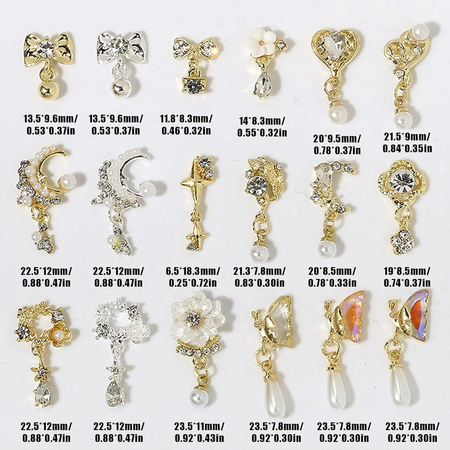 نگین ناخن آویز، 18 عدد نگین لوکس قلب، گل، ماه، پروانه، مروارید و پاپیون، نگین های فلزی آلیاژی طلایی و نقره ای سه بعدی برای طراحی و تزئین ناخن