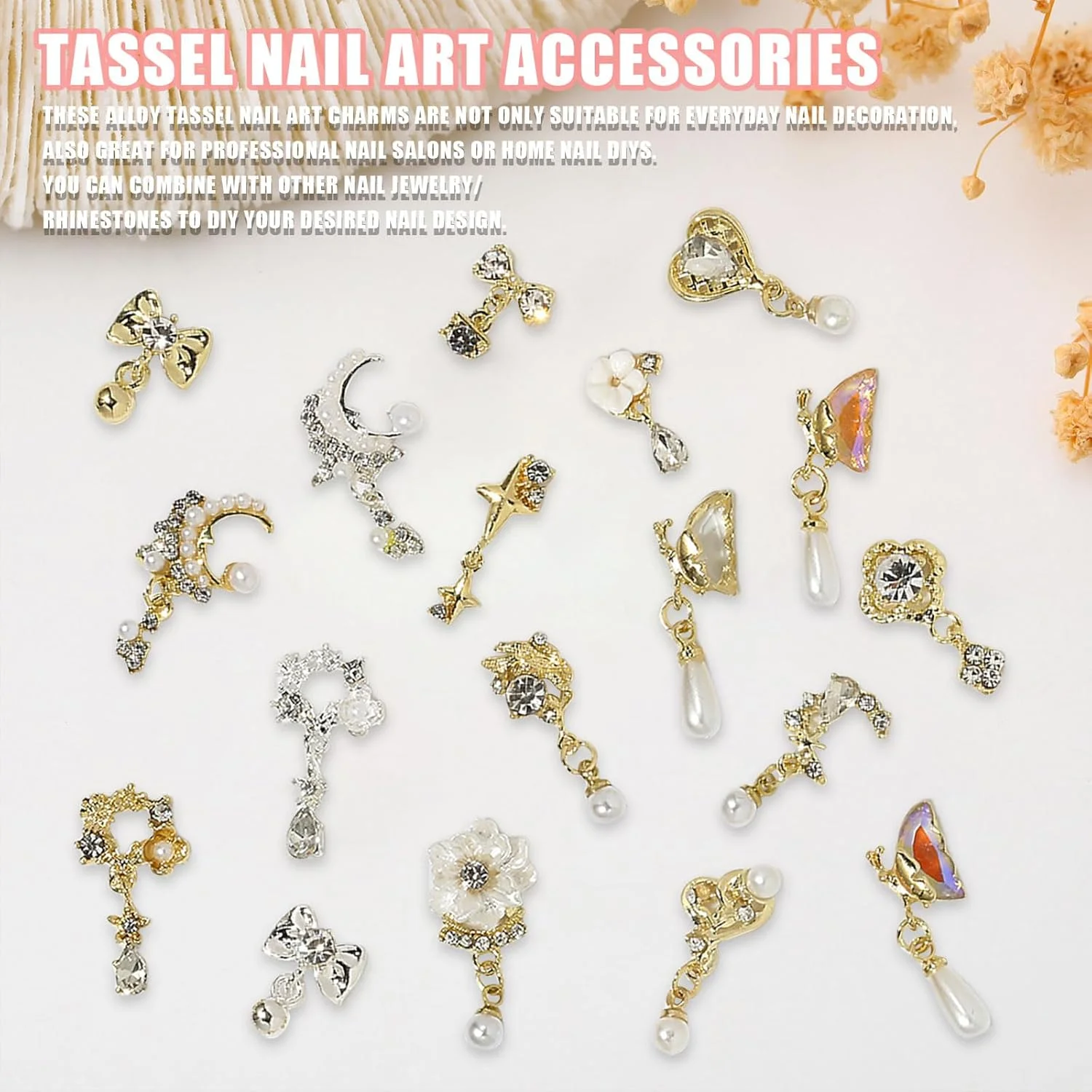 نگین ناخن آویز، 18 عدد نگین لوکس قلب، گل، ماه، پروانه، مروارید و پاپیون، نگین های فلزی آلیاژی طلایی و نقره ای سه بعدی برای طراحی و تزئین ناخن