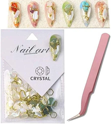 سنگ تزئینی ناخن در اندازه های مختلف، جواهرات هنری ناخن، سنگ کریستالی تزئینی ناخن، قطعه صدف سه بعدی هنری ناخن -- به همراه موچین حرفه ای (سبز یشمی)
