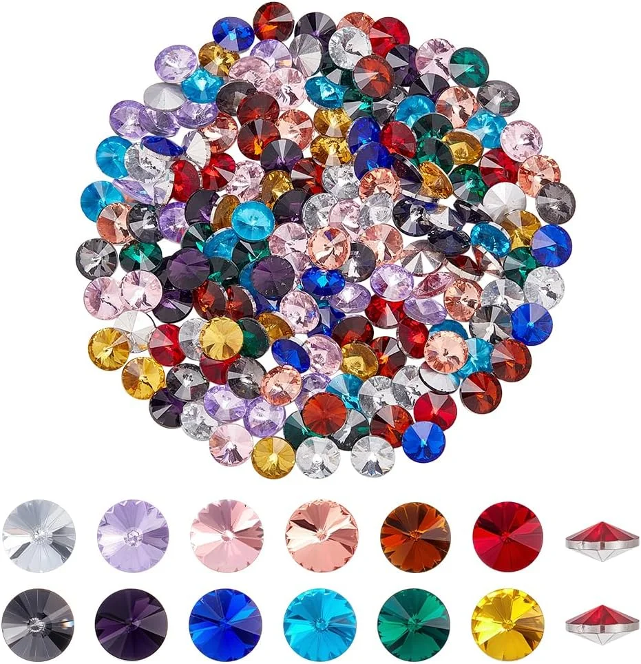 PH PandaHall 192 عدد نگین شیشه ای در 12 رنگ، نگین های الماس پشت نوک تیز، سنگ های قیمتی کریستالی تراش خورده، مهره های شل برای ساخت جواهرات، مهمانی عروسی، هنر ناخن، دکوراسیون منزل