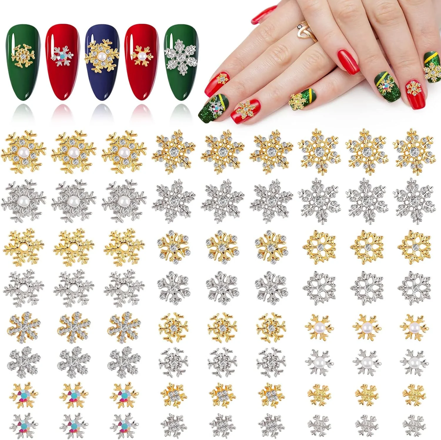 نگین و آویز ناخن کریسمس EBANKU، 72 عددی، نگین های طلایی و نقره ای دانه برف برای ساخت جواهرات طراحی ناخن، سنگ های جواهر ناخن برای هدیه کریسمس دخترانه و زنانه