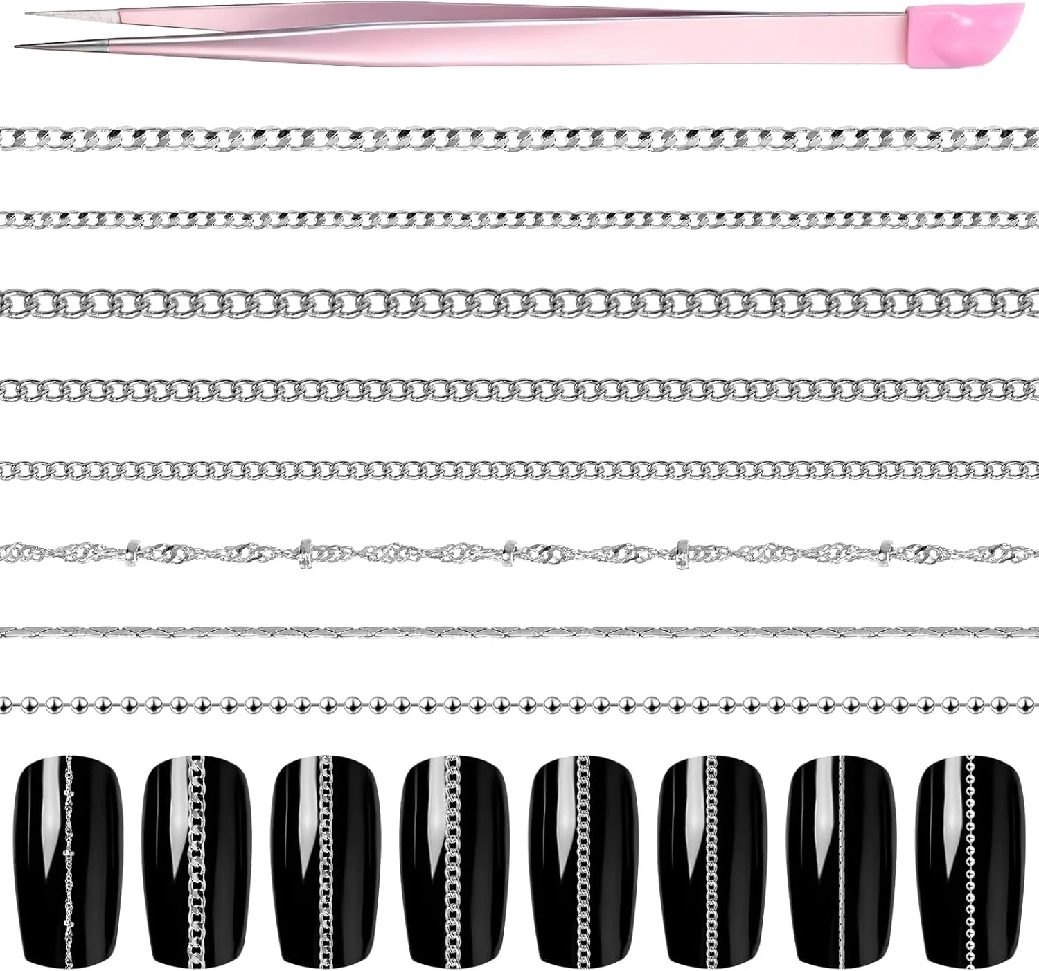 ۹ نوار زنجیر ناخن نقره ای با موچین دو سر، آویزهای زنجیری سه بعدی ناخن برای تزئین ناخن، ساخت جواهرات مانیکور