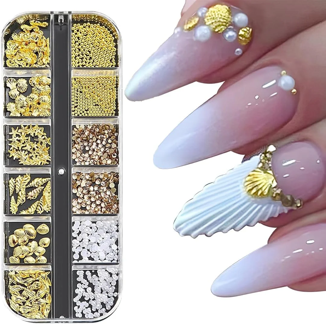 نگین های طراحی ناخن، جواهرات طلایی ساحلی اقیانوسی سه بعدی برای طراحی ناخن، سنگ های ناخن با تم اقیانوس برای خانم ها، اقیانوس ناخن اکریلیک