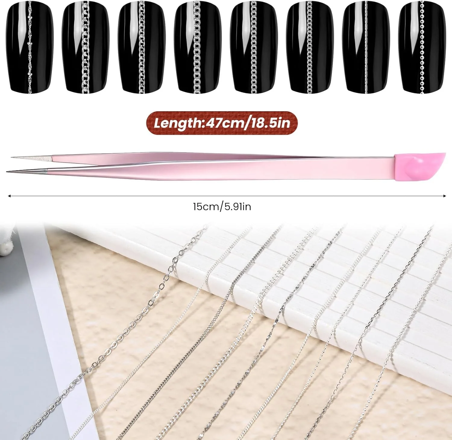۹ نوار زنجیر ناخن نقره ای با موچین دو سر، آویزهای زنجیری سه بعدی ناخن برای تزئین ناخن، ساخت جواهرات مانیکور