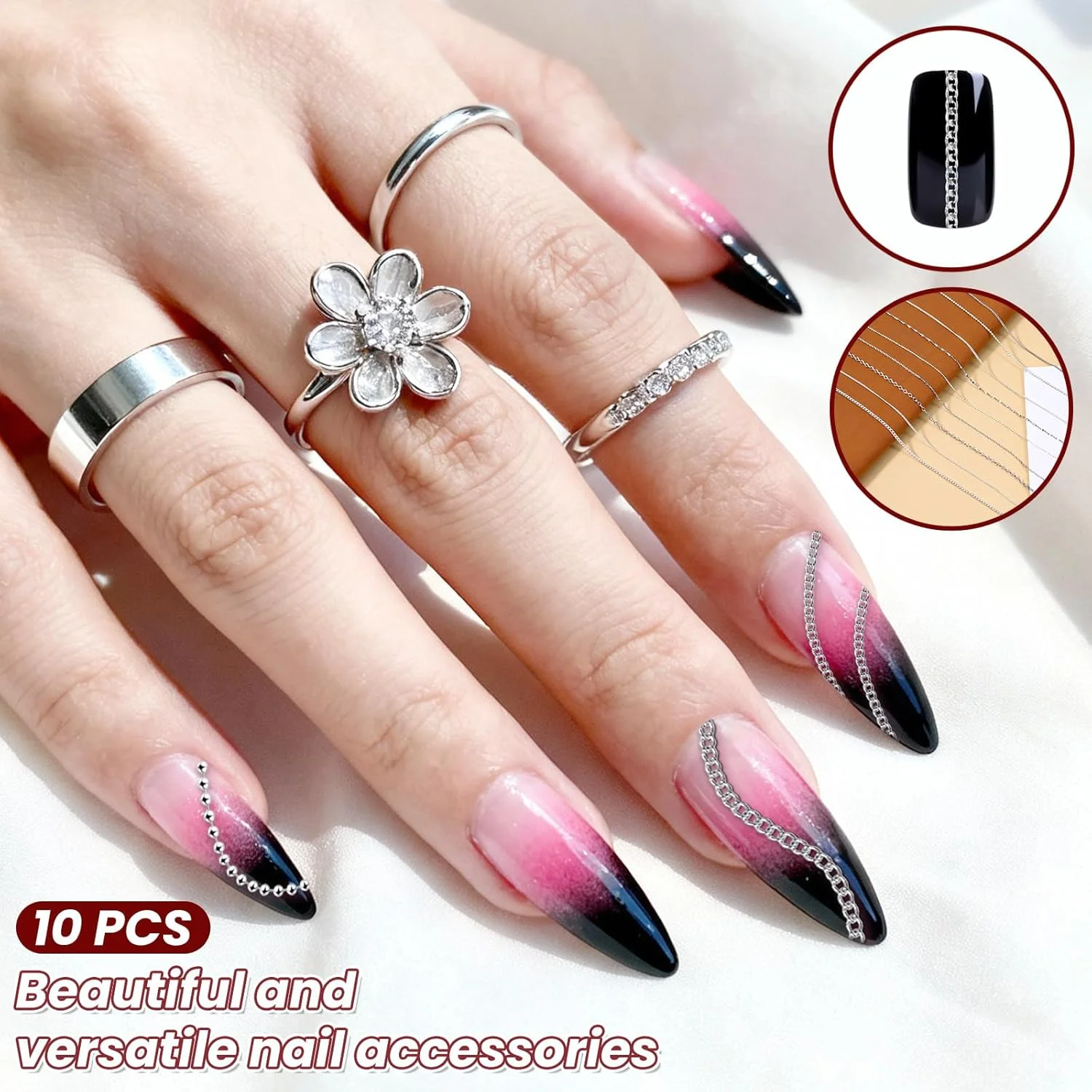 ۹ نوار زنجیر ناخن نقره ای با موچین دو سر، آویزهای زنجیری سه بعدی ناخن برای تزئین ناخن، ساخت جواهرات مانیکور