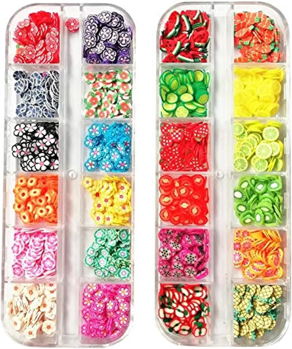 ست اسلایس های طراحی ناخن سه بعدی ELECDON، 24 محفظه طرح های میوه و گل مخلوط برای مانیکور DIY، نوک های طراحی ناخن رزینی برای زنان و مردان، ایده آل برای کاردستی های اسلایم و پروژه های خمیر پلیمری