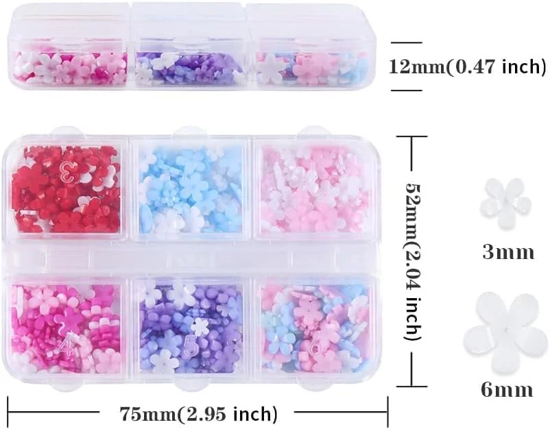 جعبه تقسیم کننده تزئینات گلدار برای هنرمندان ناخن و سازندگان جواهرات - جعبه 6 قسمتی با تزئینات رزین اکریلیک مخلوط، راه حل نگهداری لوازم هنری
