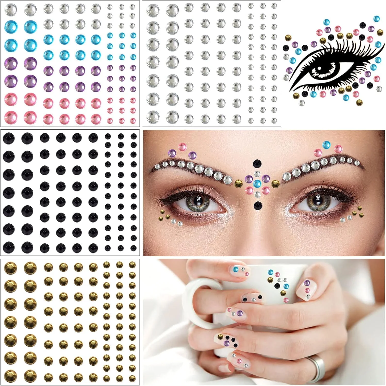 جواهرات صورت نگین بیندی، زیورآلات صورت زنانه، نگین های صورت چسبی برای چشم، پیشانی، برچسب کریستال، اشک، مروارید رنگین کمانی، سنگ های تزئینی برای آرایش، مهمانی، لوازم جانبی جشنواره، تزئین ناخن (4 ورق)