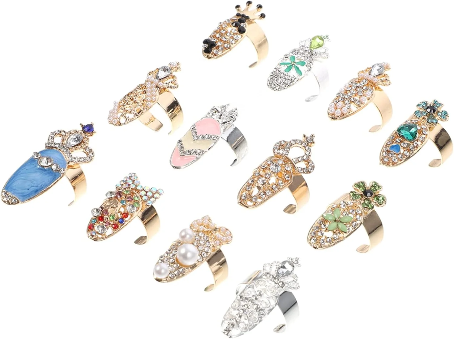 FRCOLOR ست ۱۲ عددی انگشتر ناخن، حلقه های پنجه ناخن، جواهرات حلقه ناخن، نگین های ناخن، حلقه های بند انگشتی مانیکور، حلقه های جذاب نگین ناخن برای زنان، حلقه های ناخن کریستالی، پنجه های آلیاژی عروس هالووین