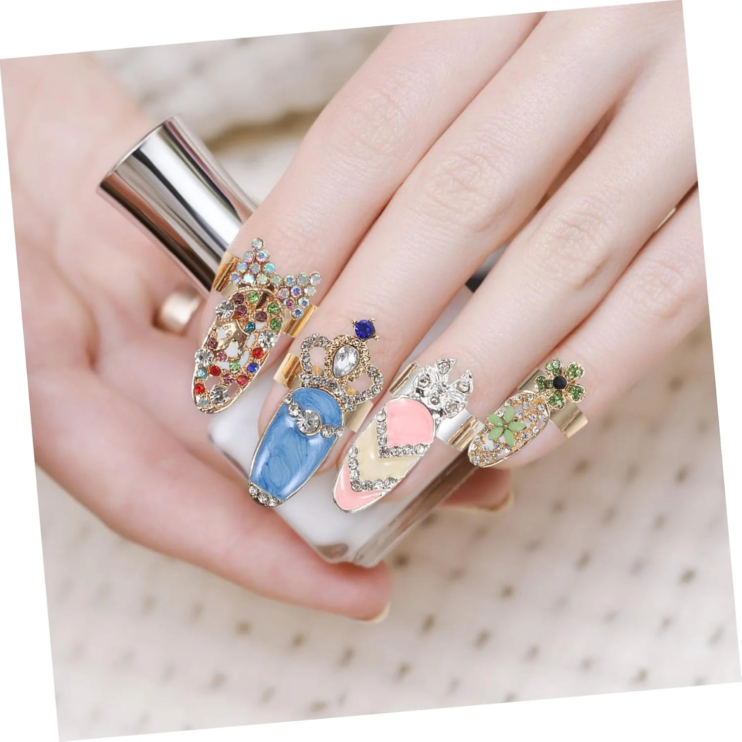 FRCOLOR ست ۱۲ عددی انگشتر ناخن، حلقه های پنجه ناخن، جواهرات حلقه ناخن، نگین های ناخن، حلقه های بند انگشتی مانیکور، حلقه های جذاب نگین ناخن برای زنان، حلقه های ناخن کریستالی، پنجه های آلیاژی عروس هالووین