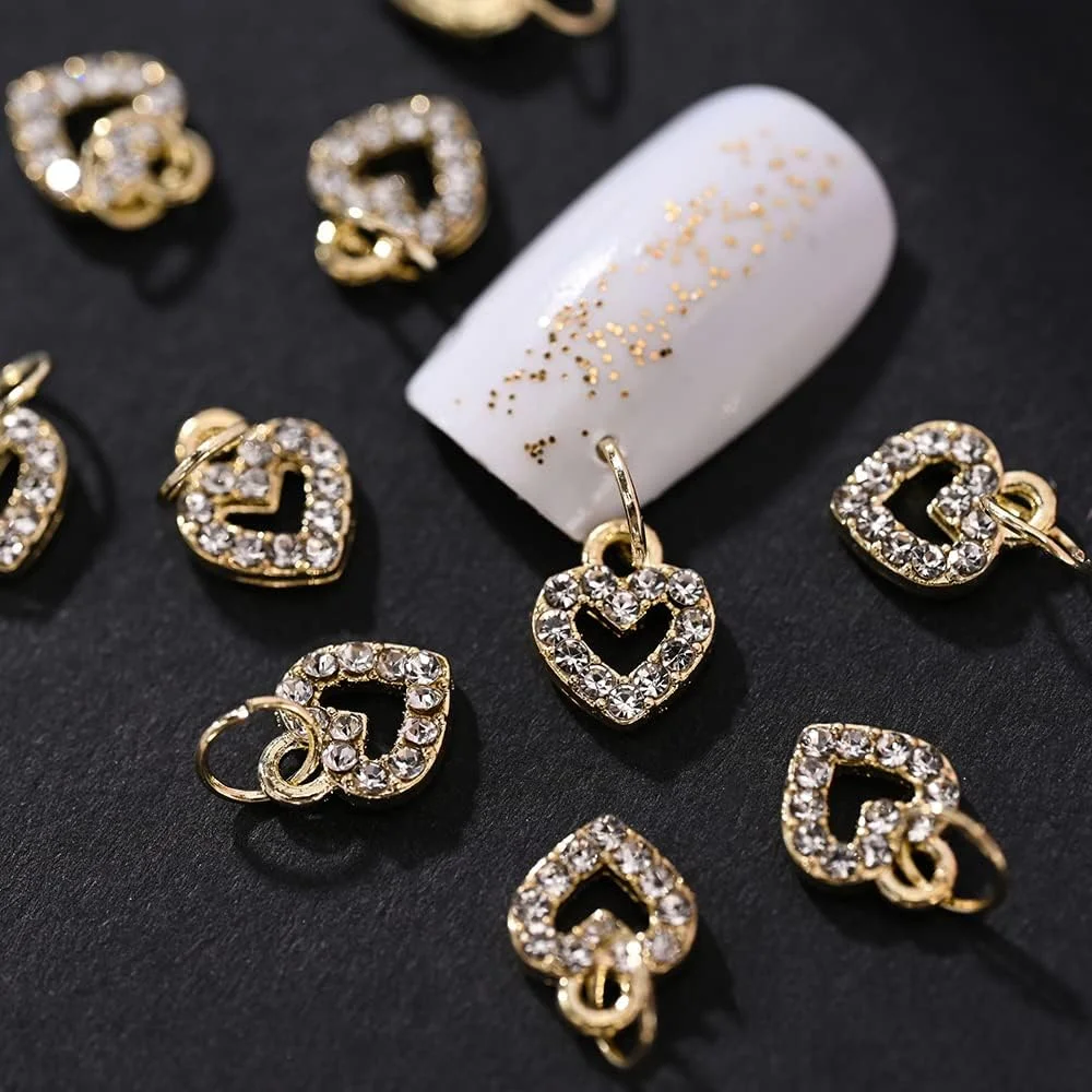 ۱۰ عدد آویز ناخن طرح قلب طلایی سه بعدی، نگین دار، جواهرات ناخن، آویزهای الماس، آویز سوراخ کننده ناخن، تزئینات ناخن سه بعدی آلیاژی، تزئین نوک ناخن اکریلیک