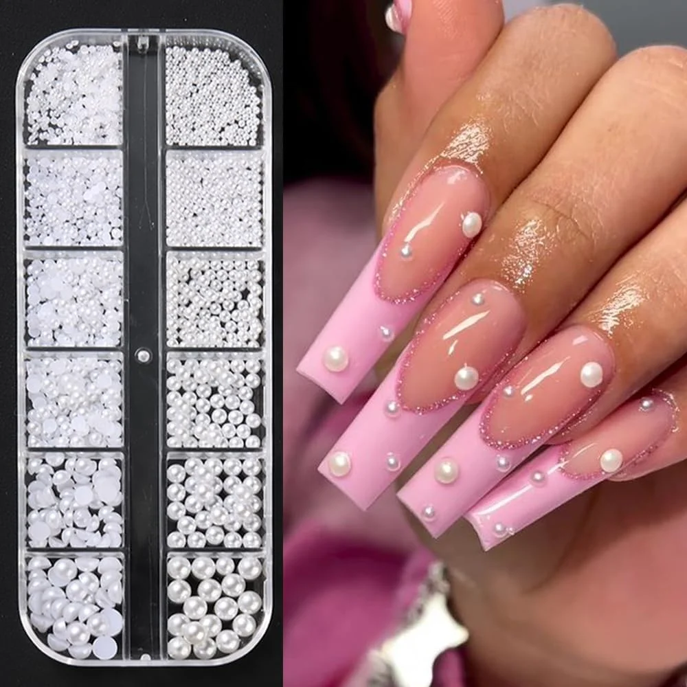 نگین ناخن مرواریدی گرد و نیم گرد در سایزهای مختلف، مرواریدهای تخت سفید برای طراحی ناخن، مناسب برای خانم ها، دختران، لوازم مانیکور و تزئینات صنایع دستی DIY……