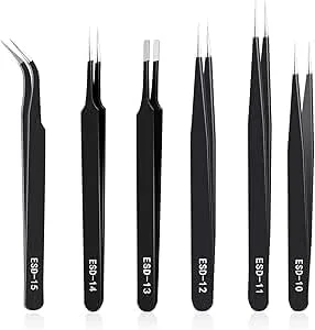 ست موچین دقیق، 6 عدد موچین صنعتی استیل ضد زنگ آنتی استاتیک، موچین های خمیده ممتاز ESD برای الکترونیک، لحیم کاری، کار آزمایشگاهی، جواهرسازی، طراحی ناخن، کاردستی DIY