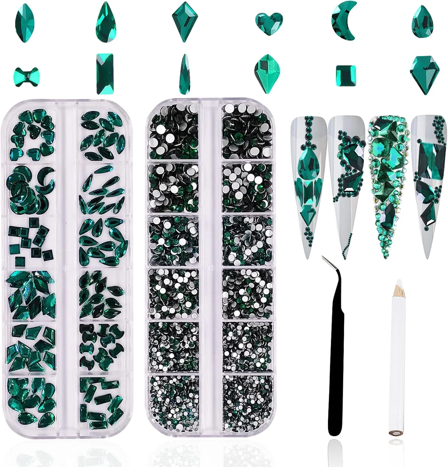 ست نگین ناخن 3120 عددی HOINCO برای طراحی ناخن، نگین های سبز برای ناخن، نگین های سه بعدی چند شکلی AB تخت برای طراحی ناخن، جواهرات کاردستی DIY با موچین و قلم (زمردی)