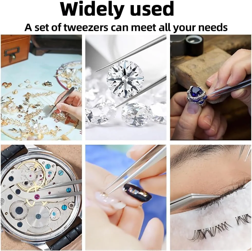 ست موچین دقیق، 6 عدد موچین صنعتی استیل ضد زنگ آنتی استاتیک، موچین های خمیده ممتاز ESD برای الکترونیک، لحیم کاری، کار آزمایشگاهی، جواهرسازی، طراحی ناخن، کاردستی DIY