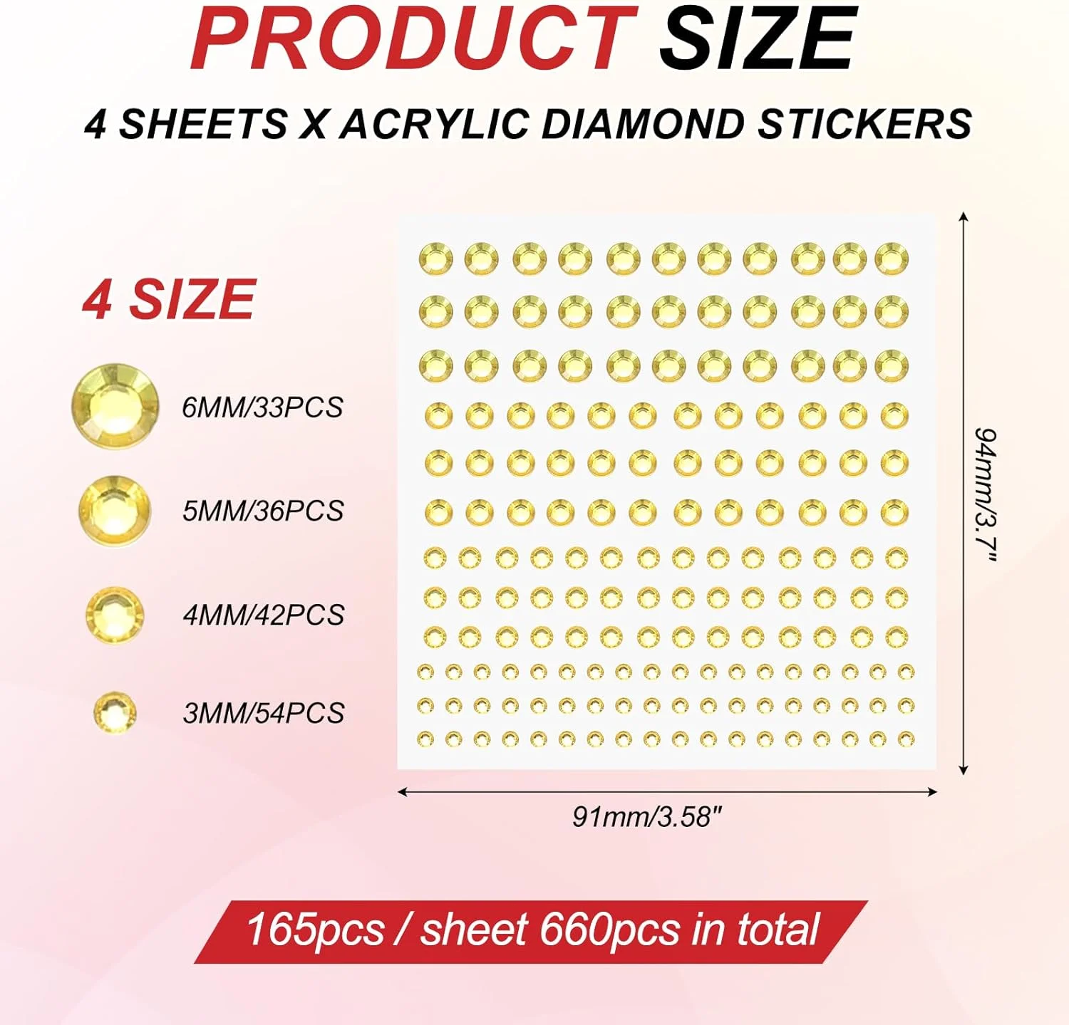 پک 660 عددی استیکر نگین اکریلیک PATIKIL، 4 سایز، 3/4/5/6 میلی متر، سنگ های تزئینی خود چسب، جواهرات براق برای طراحی ناخن، کاردستی، لباس، آرایش DIY، مهمانی، طلایی روشن