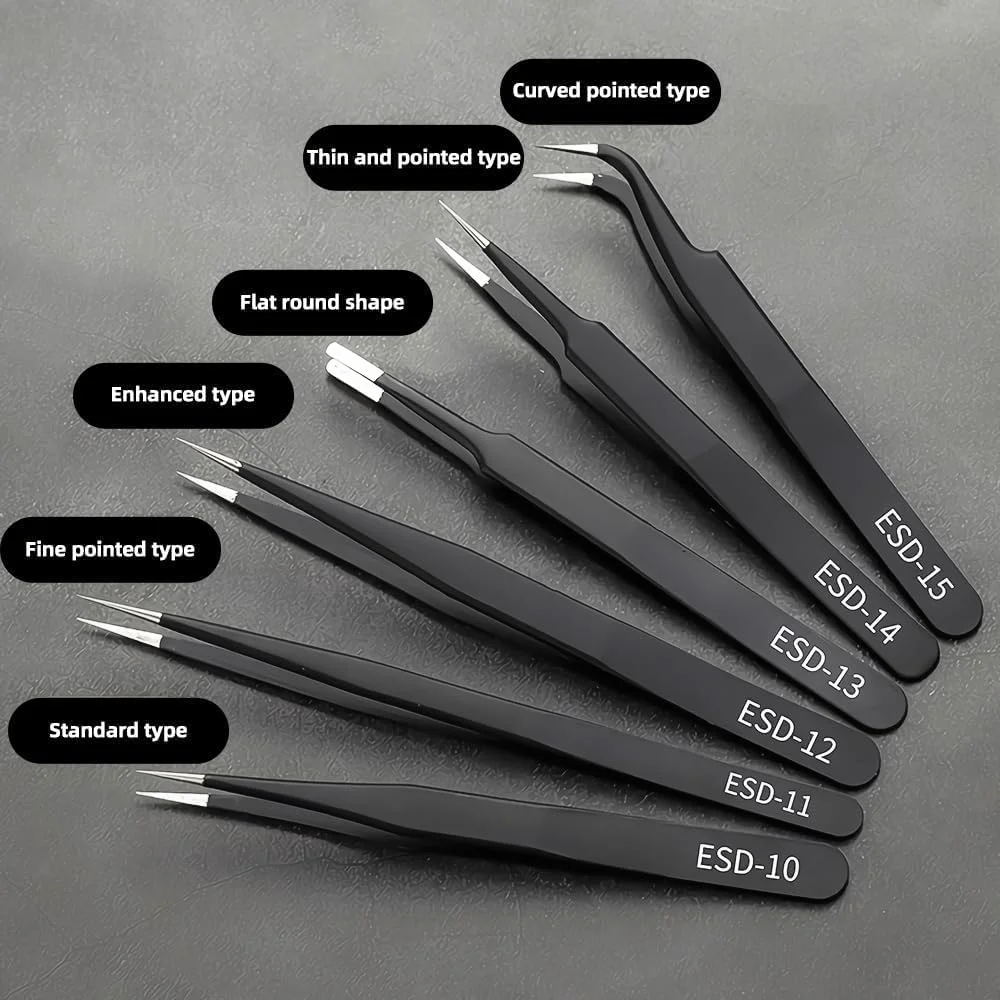 ست موچین دقیق، 6 عدد موچین صنعتی استیل ضد زنگ آنتی استاتیک، موچین های خمیده ممتاز ESD برای الکترونیک، لحیم کاری، کار آزمایشگاهی، جواهرسازی، طراحی ناخن، کاردستی DIY