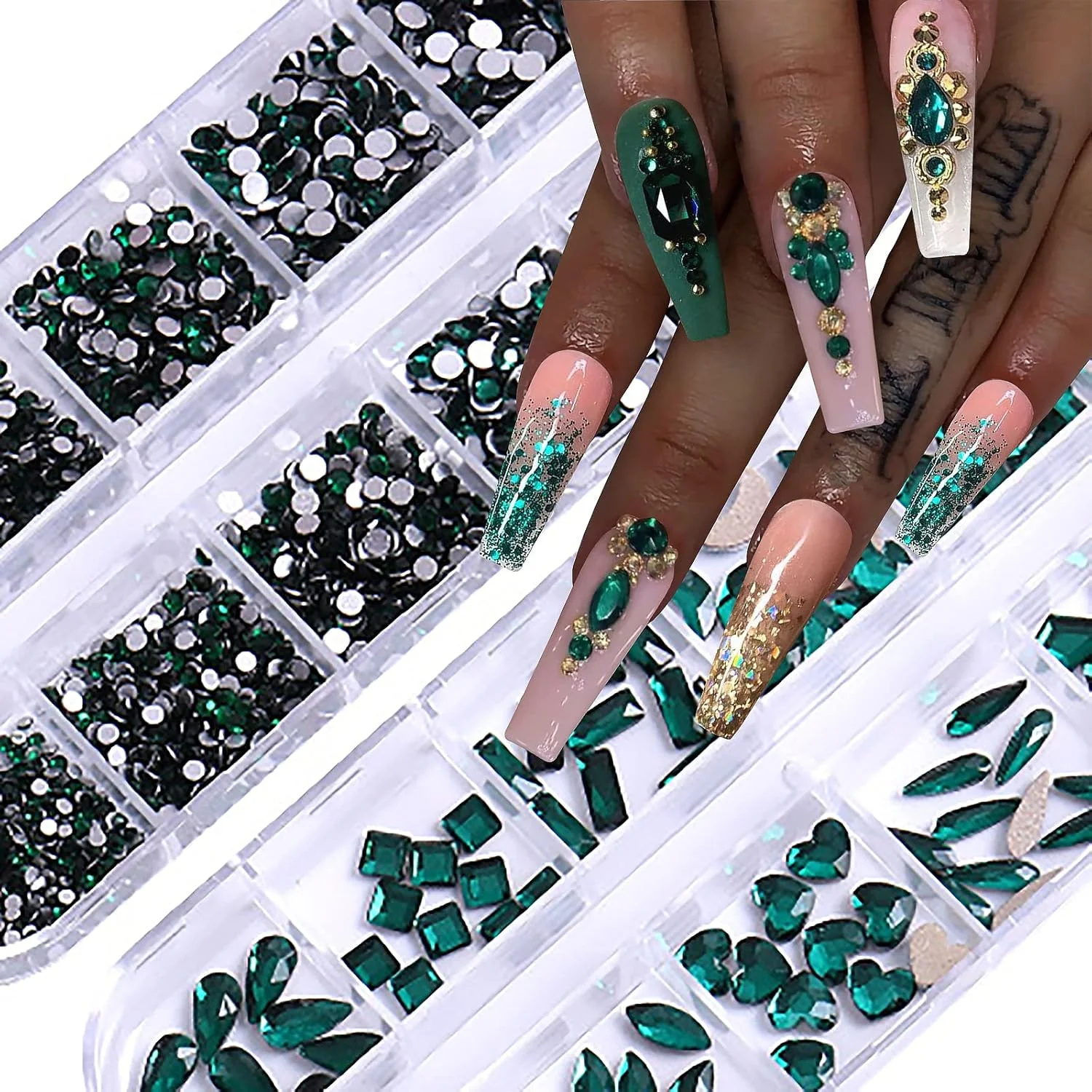 ست نگین ناخن 3120 عددی HOINCO برای طراحی ناخن، نگین های سبز برای ناخن، نگین های سه بعدی چند شکلی AB تخت برای طراحی ناخن، جواهرات کاردستی DIY با موچین و قلم (زمردی)