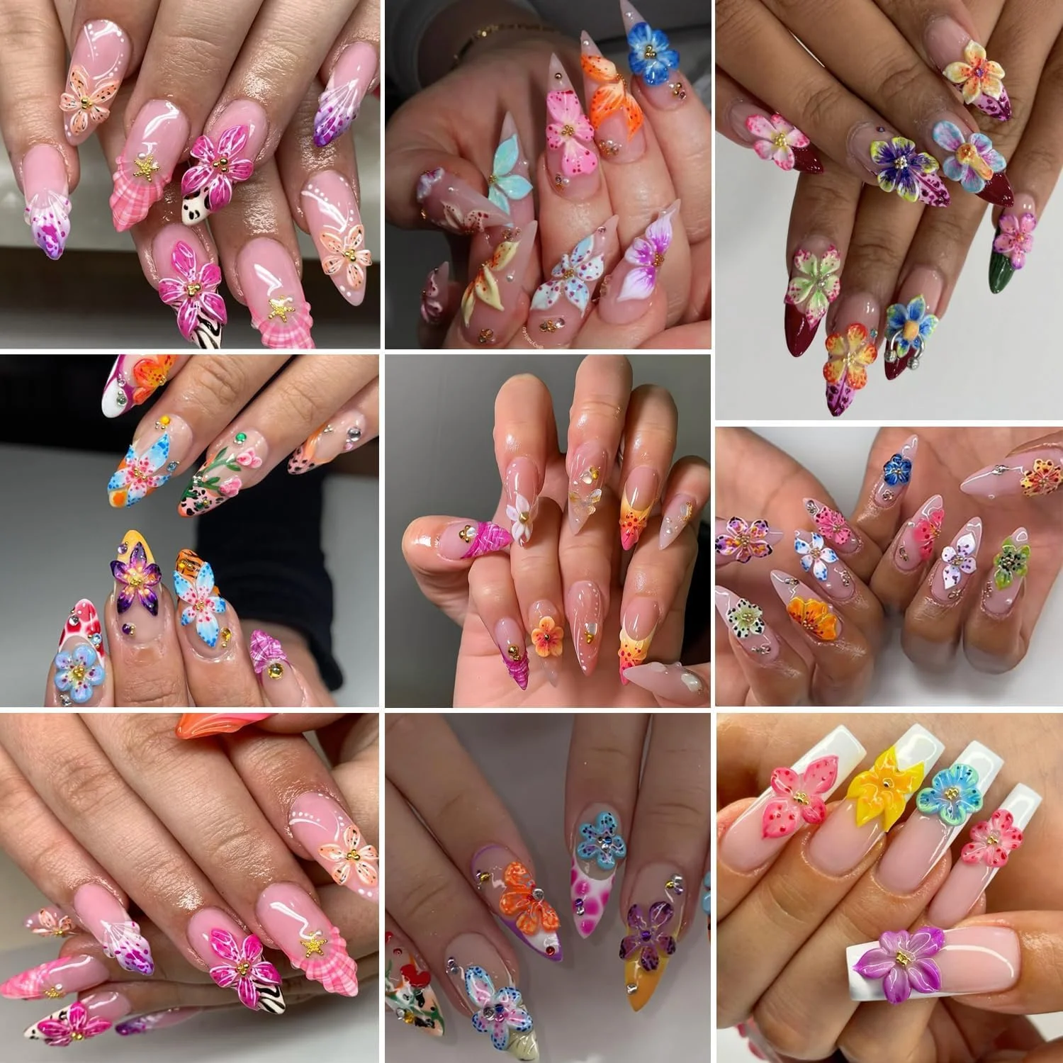 نگین ناخن سه بعدی طرح گل، دیزاین ناخن گل ختمی و سوسن، گلبرگ های چند رنگ، زیورآلات ناخن آکریلیک، اکسسوری طراحی ناخن الهام گرفته از هاوایی برای ناخن های آکریلیک بهاری و تابستانی