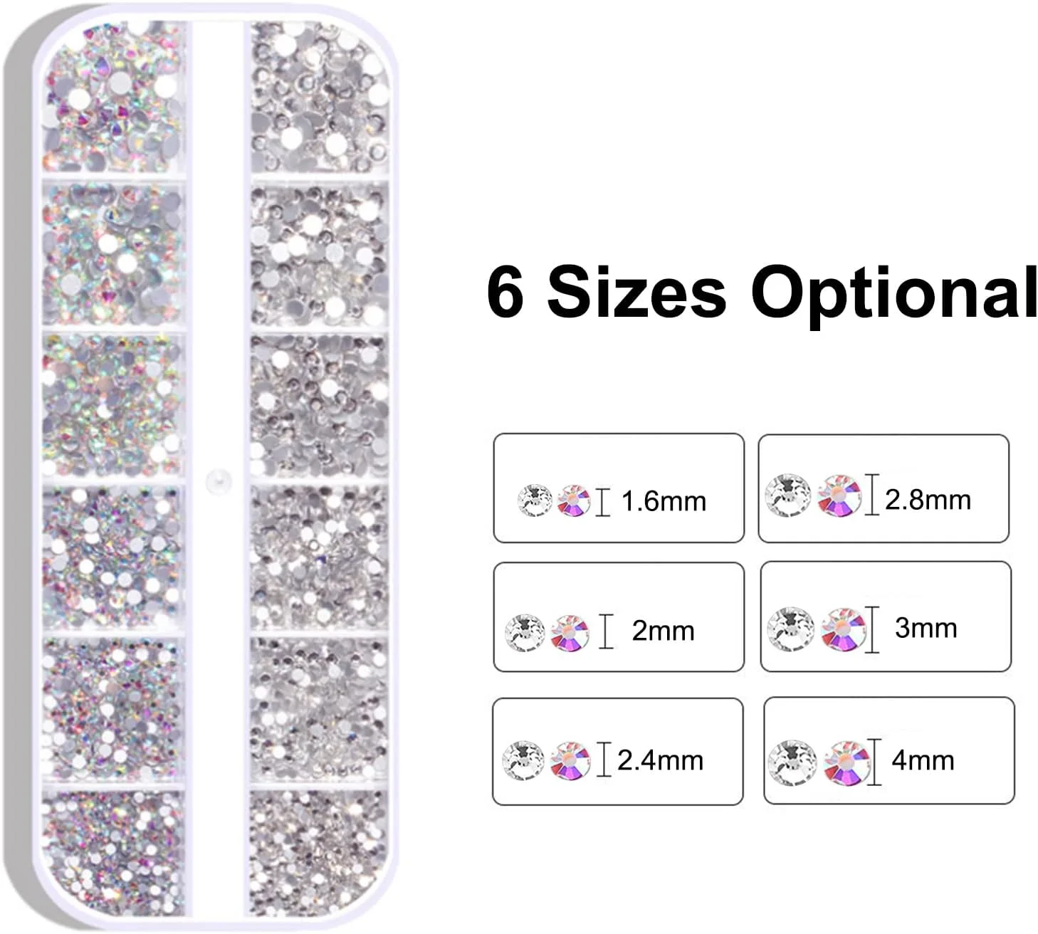 پپیسکی 1800 عدد نگین تزئینی ناخن، سنگ های تزئینی کریستالی AB در 6 سایز (1.6-4 میلی متر)، شیشه ای گرد و تخت، پولک های درخشان الماس، سنگ های قیمتی برای ساخت جواهرات سه بعدی