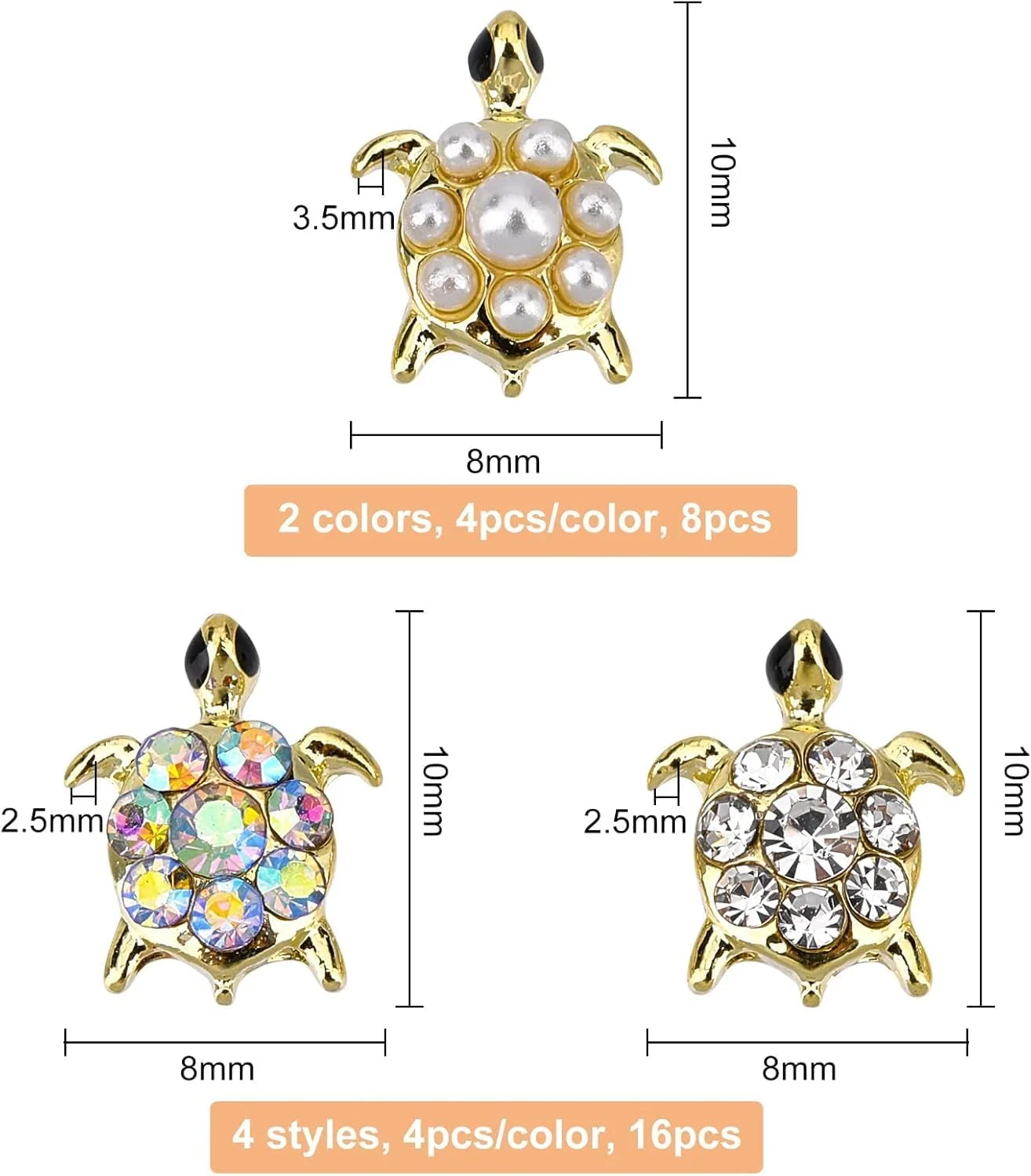 24 عدد پرکننده رزینی طرح لاک پشت در 6 سبک مختلف با نگین های بدلیجات، مروارید، آلیاژ، تزئینات هنری ناخن، لوازم جانبی رزینی برای ساخت جواهرات و تزئین ناخن