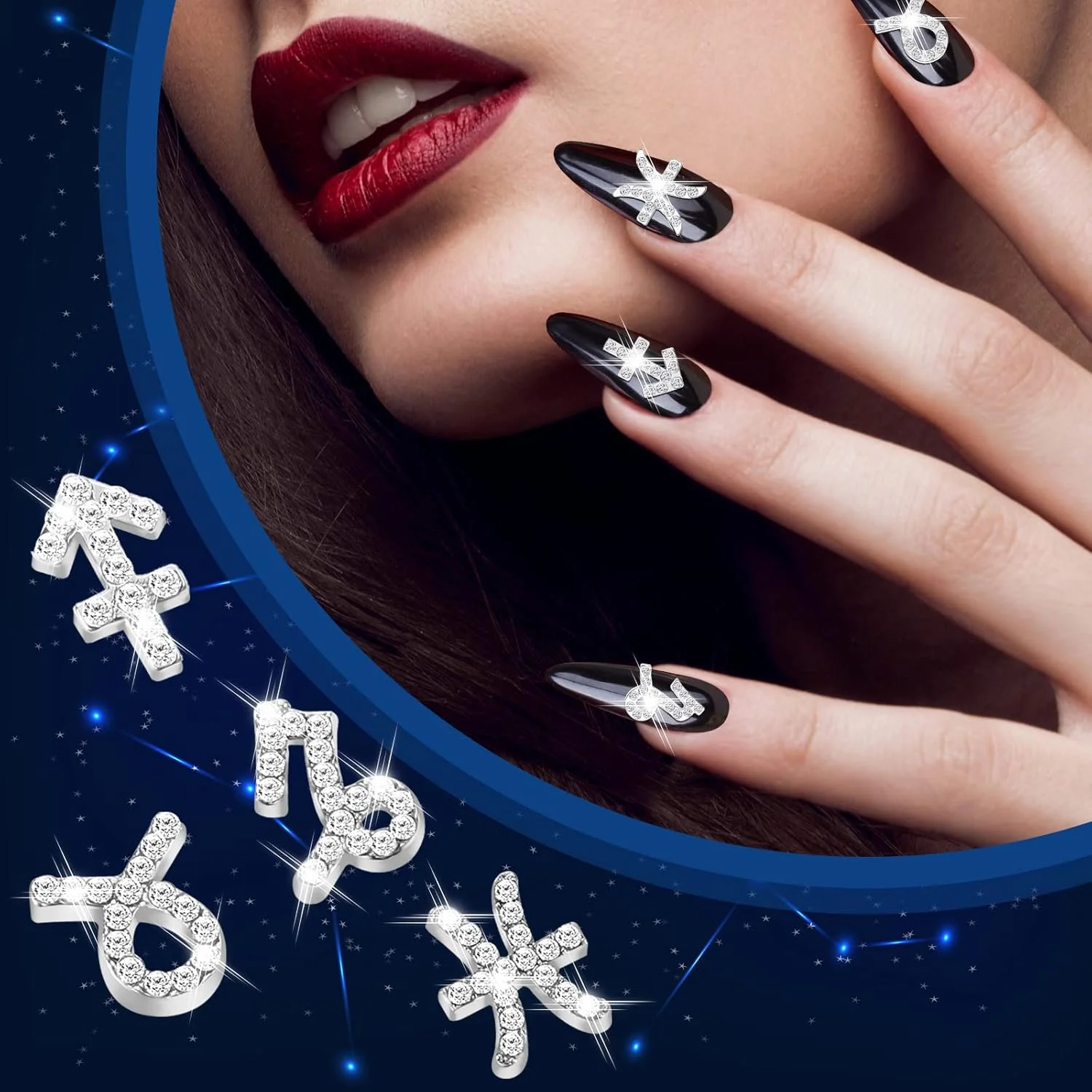 ۴۸ عدد آویز ناخن طرح زودیاک، نگین دار سه بعدی، جواهرات طرح زودیاک، آویز ناخن نقره ای، مناسب ساخت زیورآلات، گردنبند، دستبند، گوشواره و لوازم کاردستی (طلایی، نقره ای)