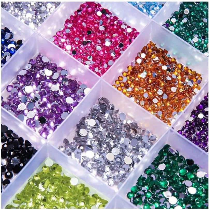 نگین های هنری ناخن 24 رنگ، نگین رزینی گرد براق، کیت تزئینات هنری ناخن، نگین ته صاف برای آرایش صنایع دستی، لوازم جانبی DIY مته ناخن مخلوط 2 و 3 میلی متری با جعبه نگهداری و موچین