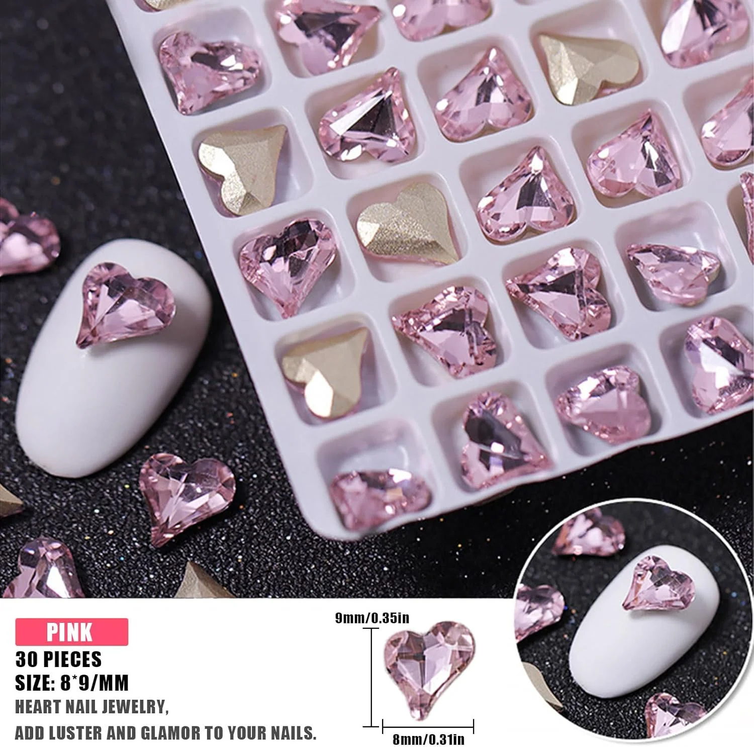 نگین ناخن قلبی، 30 عدد نگین سه بعدی طرح قلب عشق، نگین های براق کریستالی برای تزیین ناخن و ساخت جواهرات و صنایع دستی (صورتی)