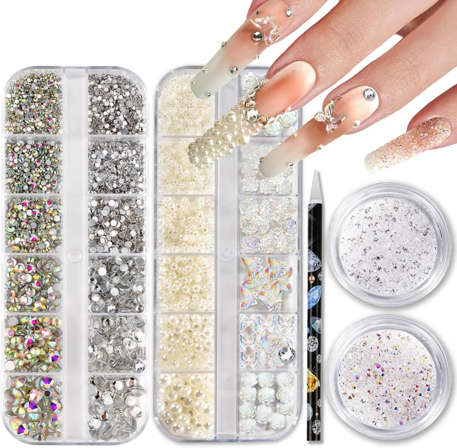 نگین و مروارید ناخن، HAOZHER 11000 عدد نگین و کریستال ناخن، 4 جعبه جواهرات ناخن برای کیت نگین ناخن، مداد مومی مروارید سه بعدی
