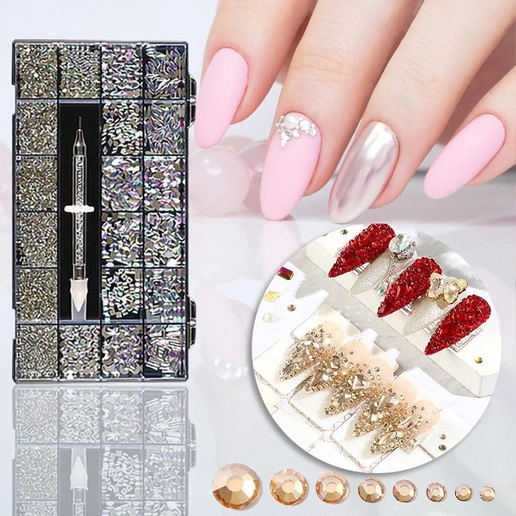 ست جواهرات ناخن شامل ۲۱ جعبه الماس ناخن با نگین های شیشه ای تخت، مناسب برای طراحی ناخن و استفاده روزانه، مهمانی و یا تزئین ناخن