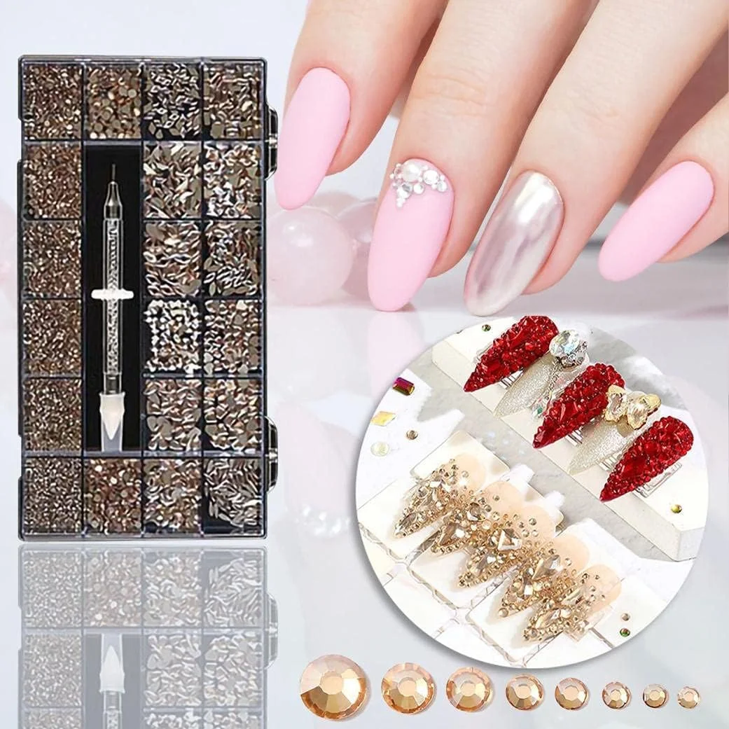 ست 21 جعبه ای نگین ناخن، سنگ های تزئینی شیشه ای تخت، مناسب برای طراحی ناخن، سنگ های تزئینی ناخن با کیفیت بالا، مناسب برای کار روزانه، گردش یا سایر اهداف تزئین ناخن.