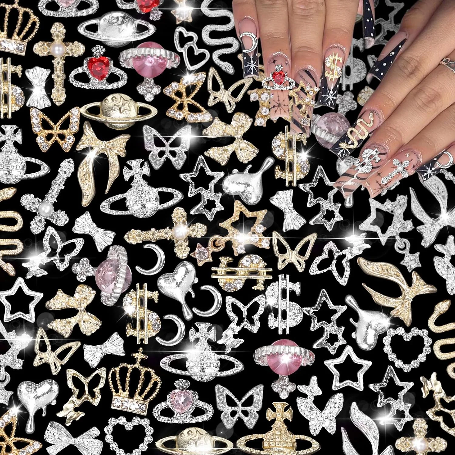 105 عدد نگین ناخن نقرهای+طلایی، نگینهای ناخن طرح سیاره، تاج، دلار، مار، ستاره، پاپیون، نگینهای سه بعدی طرح صلیب + نگینهای طلایی طرح دلار برای طراحی ناخن و ساخت جواهرات 105 عدد نگین ناخن نقرهای+طلایی، نگینهای ناخن طرح سیاره، تاج، دلار، مار، ستاره، پاپیون، نگینهای سه بعدی طرح صلیب + نگینهای طلایی طرح دلار برای طراحی ناخن و ساخت جواهرات
