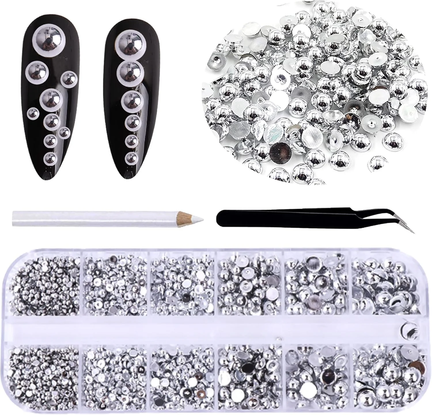 2000 عدد مروارید نقره ای نیمه AB برای کاردستی، مروارید نیمه گرد تخت برای ناخن، 6 سایز مروارید نقره ای AB سنگ های تزئینی برای طراحی ناخن، ساخت جواهرات، تزئین لباس و کفش