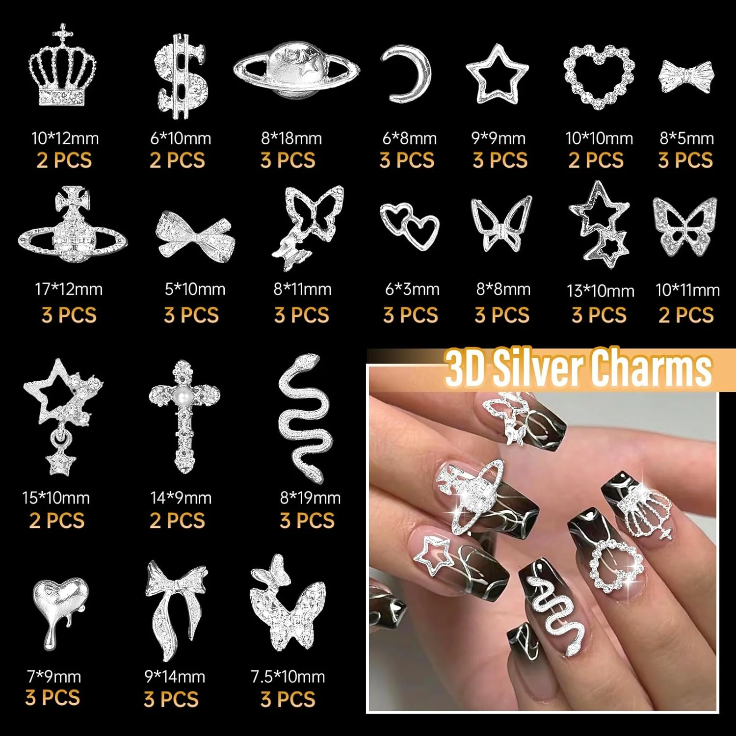 105 عدد نگین ناخن نقرهای+طلایی، نگینهای ناخن طرح سیاره، تاج، دلار، مار، ستاره، پاپیون، نگینهای سه بعدی طرح صلیب + نگینهای طلایی طرح دلار برای طراحی ناخن و ساخت جواهرات 105 عدد نگین ناخن نقرهای+طلایی، نگینهای ناخن طرح سیاره، تاج، دلار، مار، ستاره، پاپیون، نگینهای سه بعدی طرح صلیب + نگینهای طلایی طرح دلار برای طراحی ناخن و ساخت جواهرات