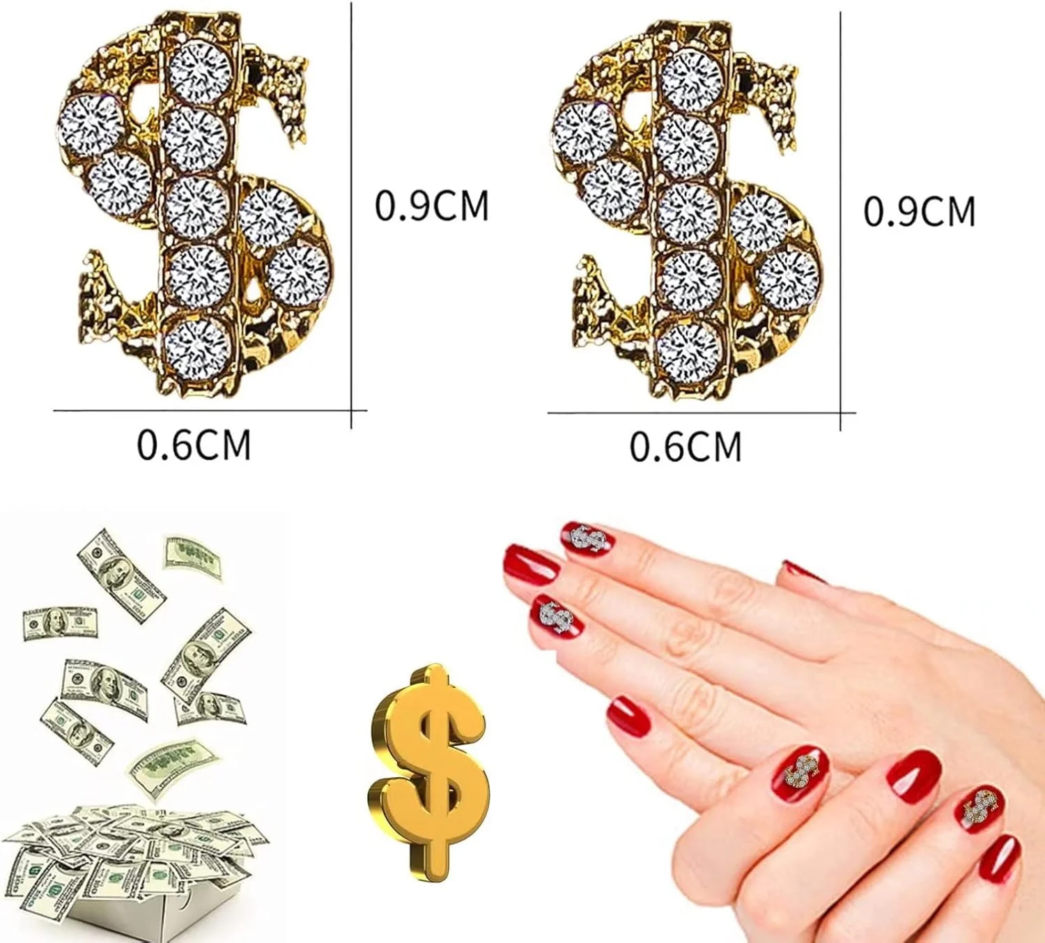رانرایای 40 عدد آویز نگین دار طرح علامت دلار سه بعدی، نگین های طلایی برای لوازم جانبی طراحی ناخن، زیورآلات ناخن طرح قدیمی برای تزئین