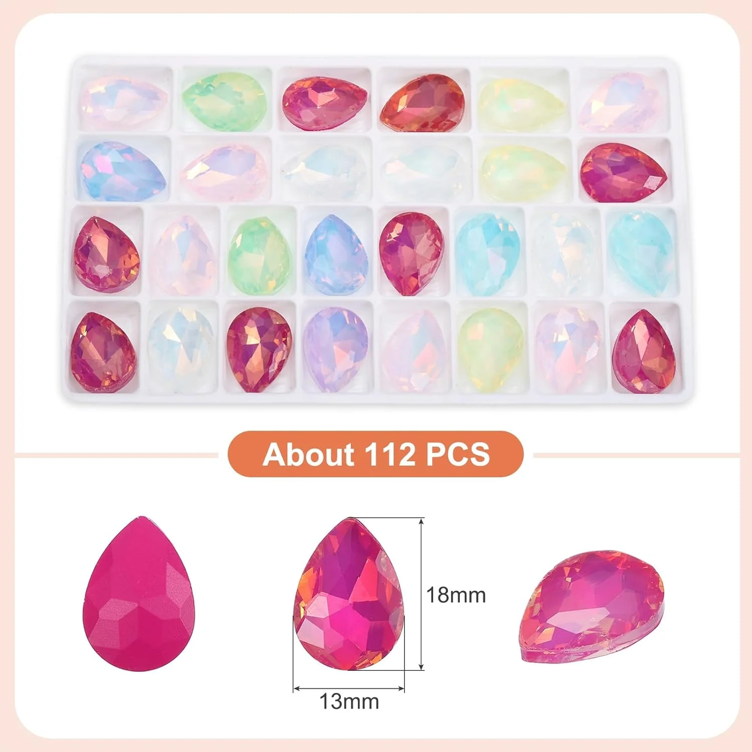 نگین اشکی 18x13 میلی‌متری برای ساخت جواهرات و کارهای دستی، مناسب برای ناخن، نگین‌های پشت‌تیز، سنگ‌های کریستالی برای صنایع دستی، ساخت جواهرات، طراحی ناخن و تزیین کفش، رنگارنگ، 112 عدد