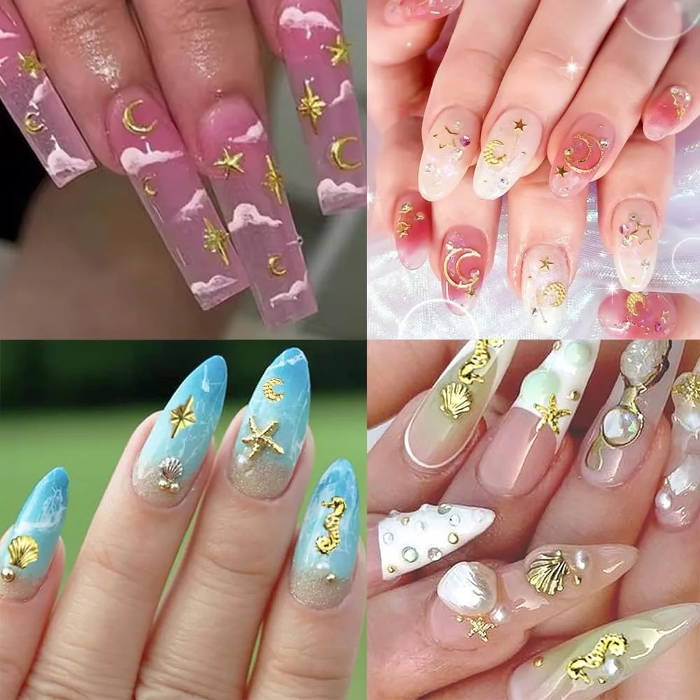 ۲ جعبه آویز فلزی طلایی ناخن، نگین های ستاره ماه صدف ستاره دریایی برای طراحی ناخن آکریلیک، لوازم جانبی بدلیجات ناخن DIY با تم اقیانوس تابستانی برای خانم ها ۲ جعبه آویز فلزی طلایی ناخن، نگین های ستاره ماه صدف ستاره دریایی برای طراحی ناخن آکریلیک، لوازم جانبی بدلیجات ناخن DIY با تم اقیانوس تابستانی برای خانم ها