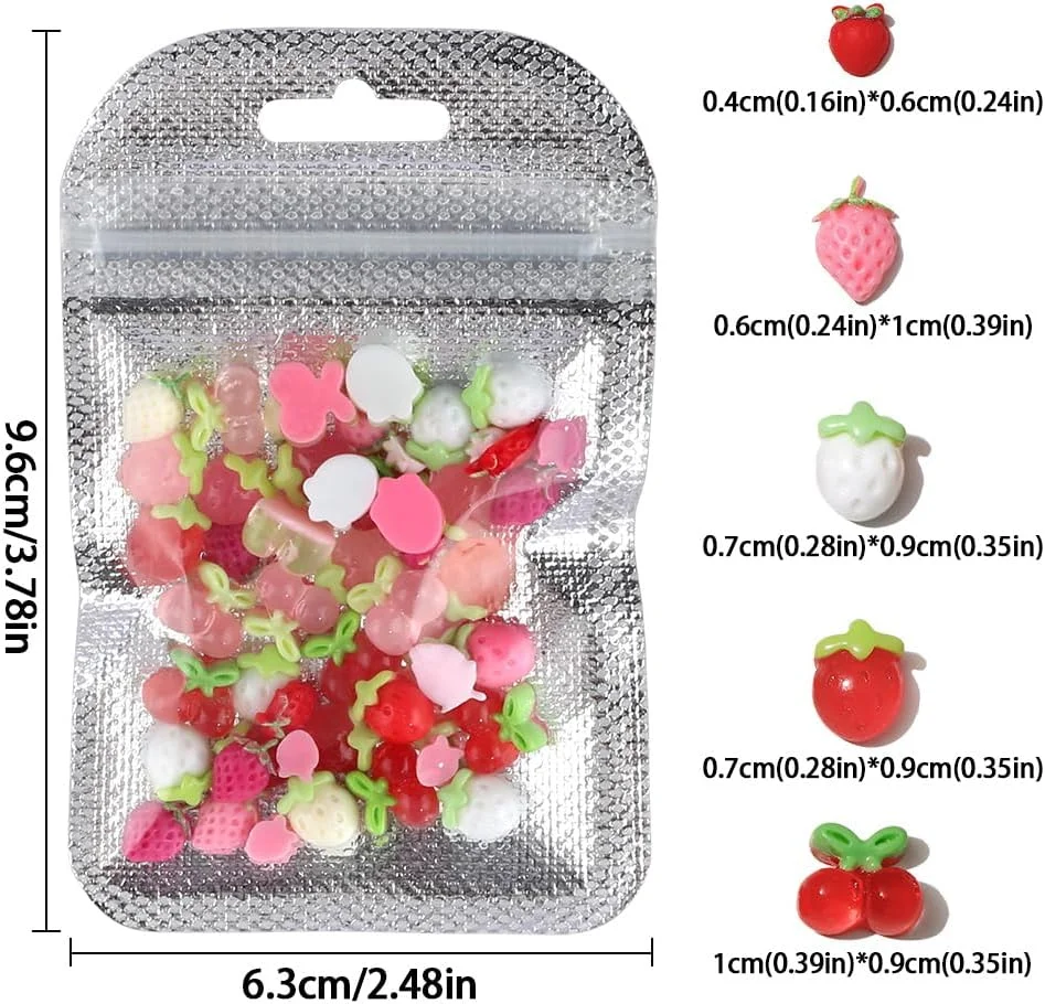 ۵۰ عدد آویز ناخن طرح کارتونی توت فرنگی و گیلاس سه بعدی، لوازم جانبی ناخن طرح میوه های رنگارنگ، نگین های تزیینی ناخن طرح میوه تابستانی، طراحی ناخن