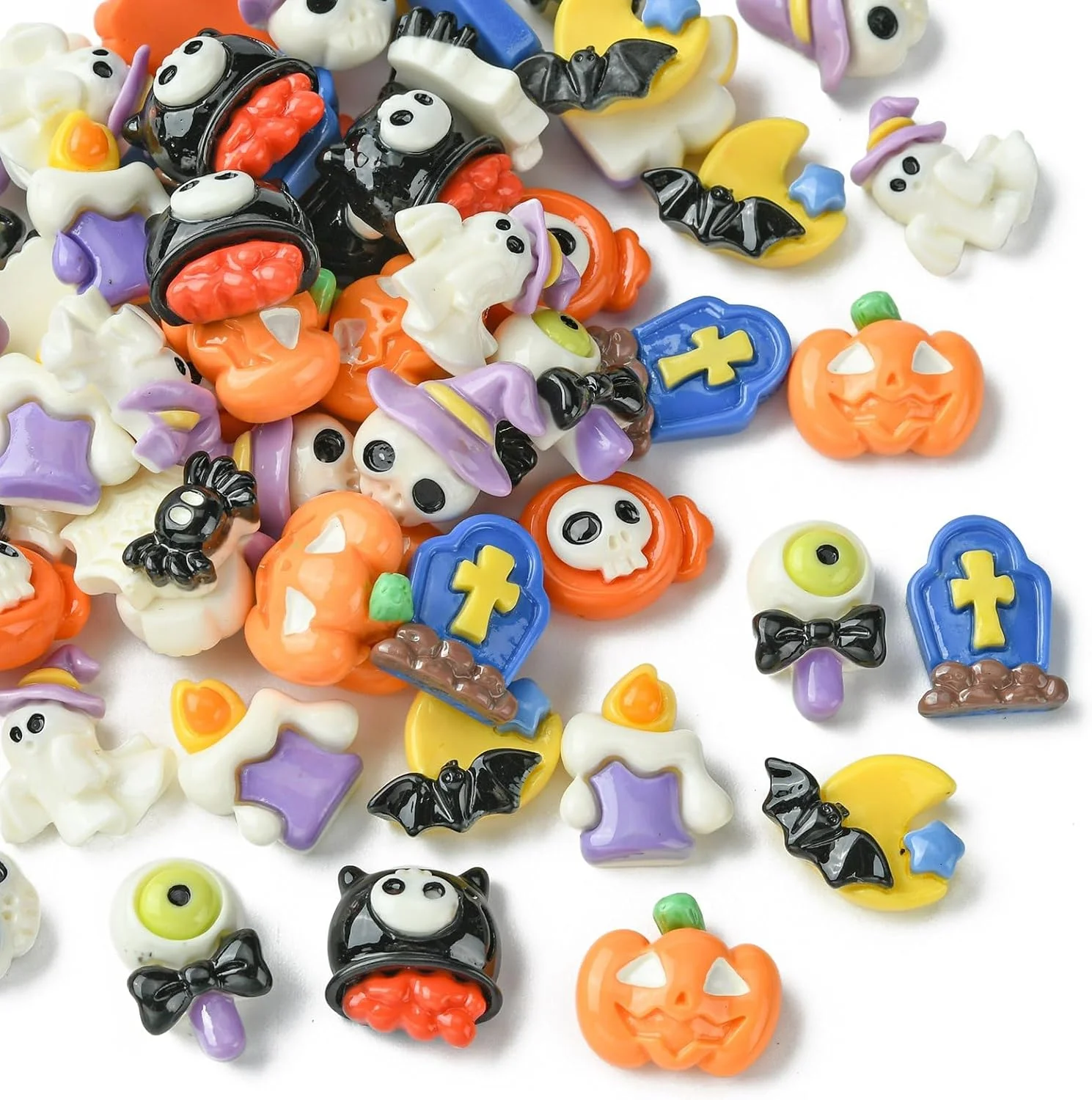 60 عدد آویز اسلایم با طرح هالووین، 10 مدل مختلف، بدون سوراخ، رزینی، شامل کدو تنبل، شبح، آبنبات، جمجمه، عنکبوت، خفاش، مناسب برای ساخت زیورآلات و کارهای دستی